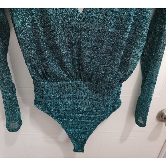 NWT Buckle Wanderlux Women's Metallic Teal Green Long Sleeve Bodysuit Size XS - Picture 3 of 13